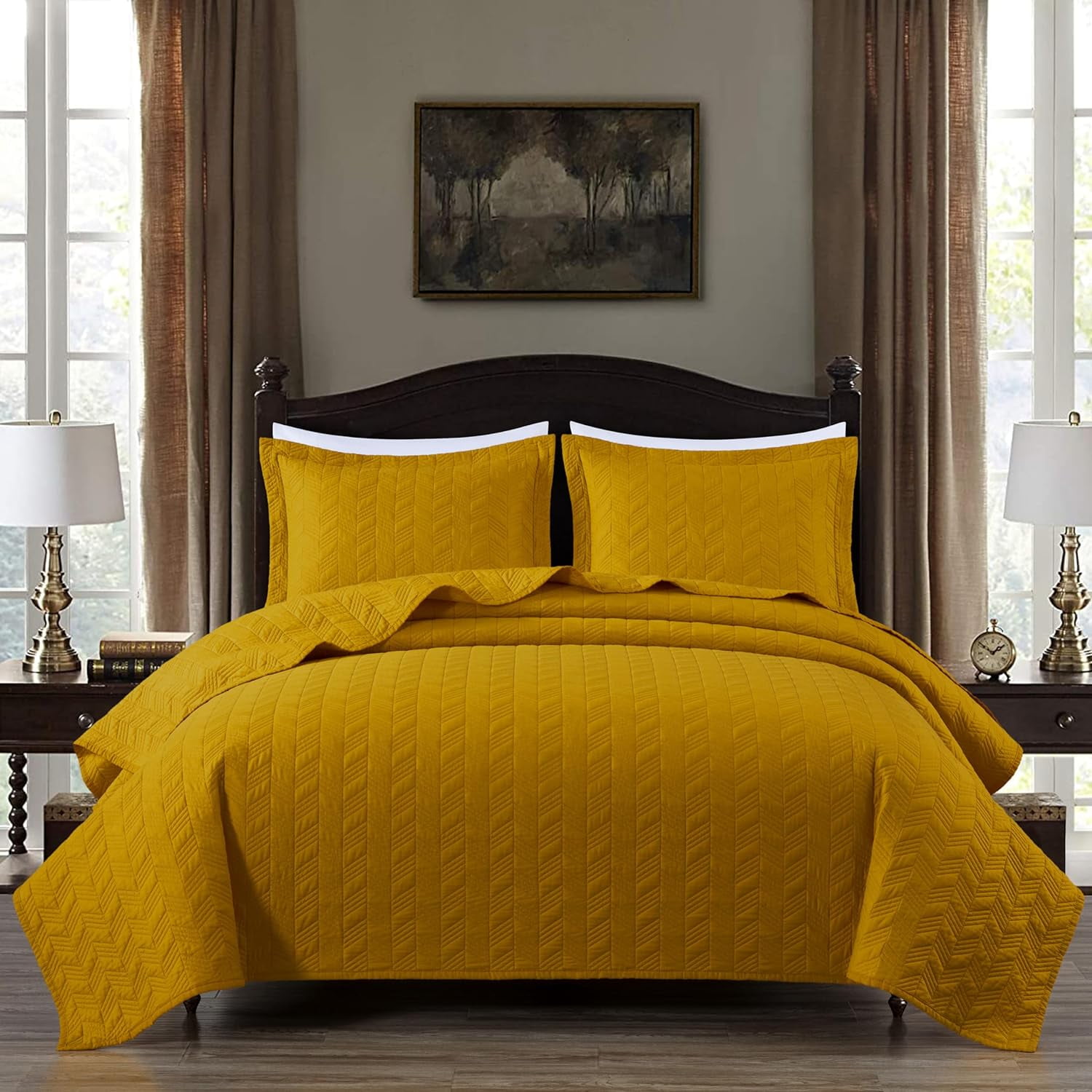 Chezmoi Collection Roswell Geometric Striped Solid Cotton Lightweight Quilt for All Seasons, 3-Piece Quilt Set, Queen, Mustard Yellow