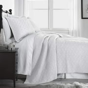 Chezmoi Collection Roswell Geometric Striped Solid Cotton Lightweight Quilt for All Seasons, 3-Piece Quilt Set, Queen, White