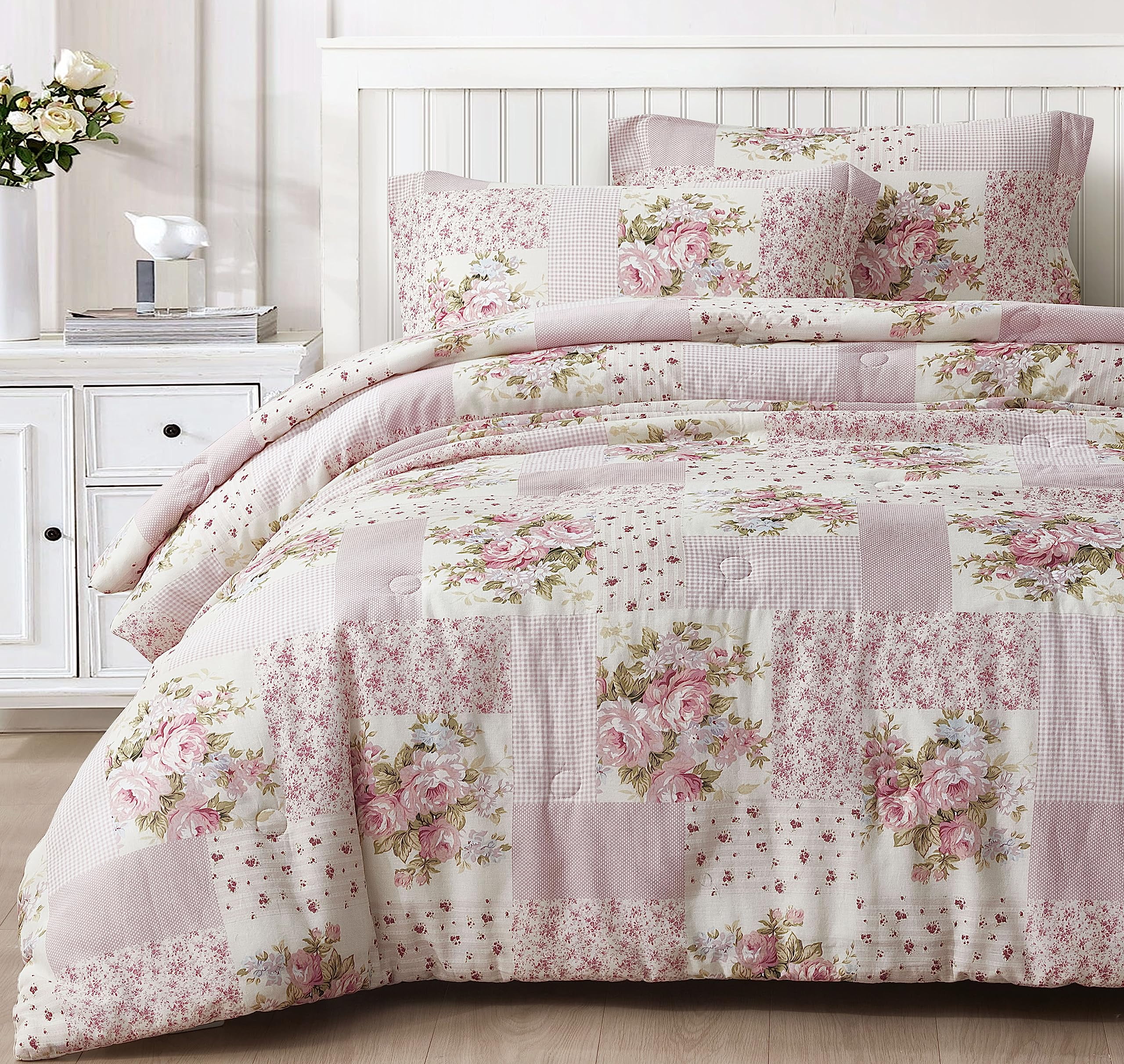 Chezmoi Collection Rosy 2-Piece Washed Cotton Comforter Set Twin Size, Floral Bedding Set Ivory Green Pink Flower Polka Dot Printed Patchwork Reversible Lightweight Comforter for All Season
