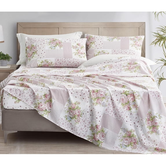 Chezmoi Collection Rosy 3-Piece Floral Patchwork Cotton Sheet Set Twin, Ivory Green Pink Flower Polka Dot Floral Patchwork Printed 100% Cotton Bed Sheets