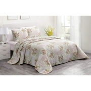 Chezmoi Collection Rosy 3-Piece Printed Patchwork Cotton Quilt Set Queen Size, Pink Flower Floral Striped Polka Dots, Stone Washed Breathable Lightweight Bedspread Set