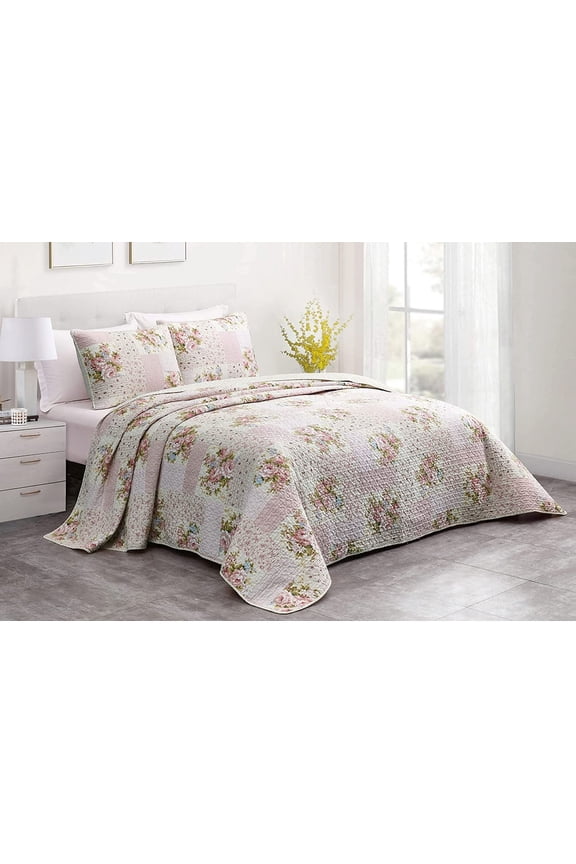 Rosy 3-Piece Printed Patchwork Cotton Quilt Set Queen Size, Pink Flower Floral Striped Polka Dots, Stone Washed Breathable Lightweight Bedspread Set