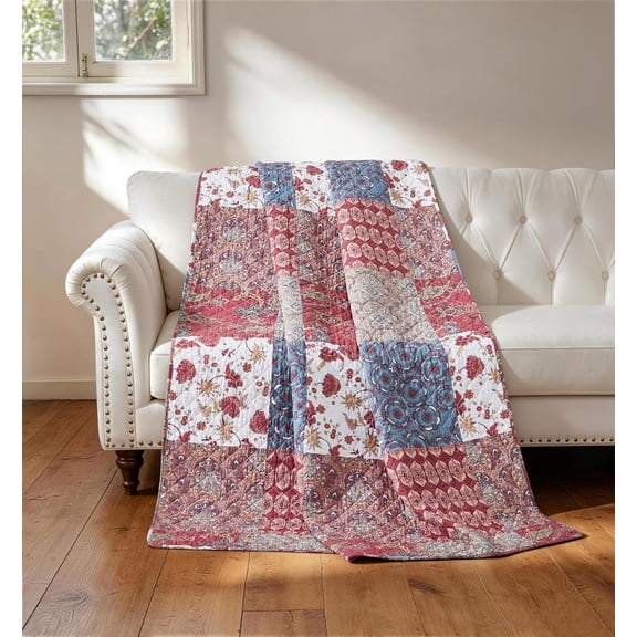 Chezmoi Collection Rowan 1-Piece Printed Floral Patchwork Throw, Quilted Blanket with Vintage Floral Paisley Patterns, Lightweight Reversible Washed Cotton Throw Blanket