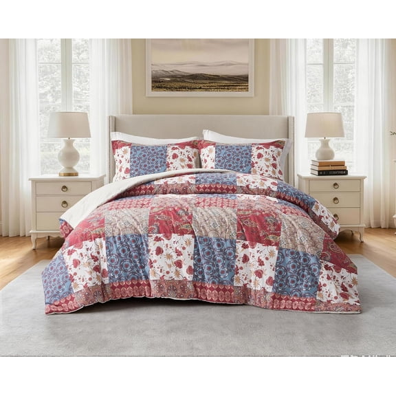 Chezmoi Collection Rowan 3-Piece Washed Cotton Comforter Set, King Size, Printed Patchwork Vintage Floral Paisley Patterns Lightweight All-Season Bedding Set