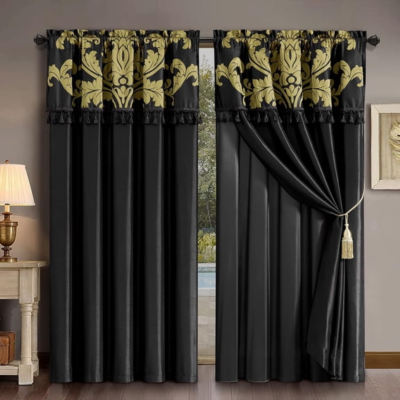 Chezmoi Collection Royal 4-Piece Jacquard Floral Window Curtain Set, Black/Gold