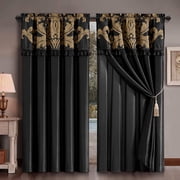 Chezmoi Collection Royal 4-Piece Jacquard Floral Window Curtain Set, Black/Gold