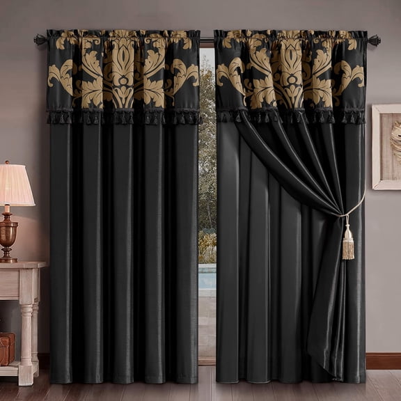 Chezmoi Collection Royal 4-Piece Jacquard Floral Window Curtain Set, Black/Gold