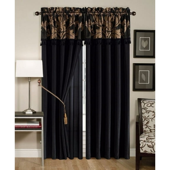 Chezmoi Collection Royal 4-Piece Jacquard Floral Window Curtain Set, Black/Gold
