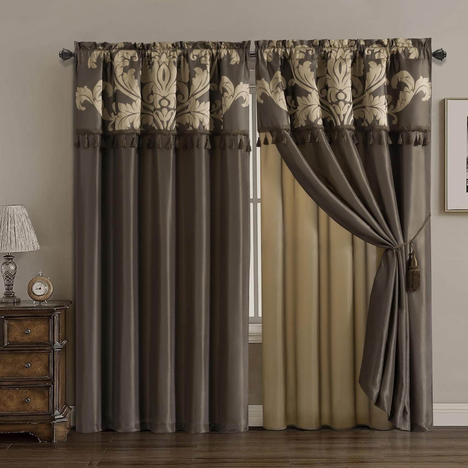 Chezmoi Collection Royal 4-Piece Jacquard Floral Window Curtain Set, Coffee/Gold