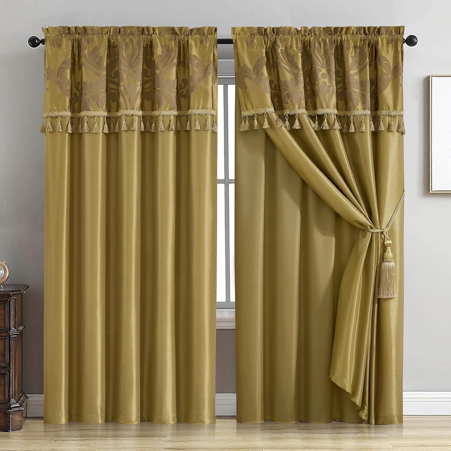 Chezmoi Collection Royal 4-Piece Jacquard Floral Window Curtain Set, Gold/Gold