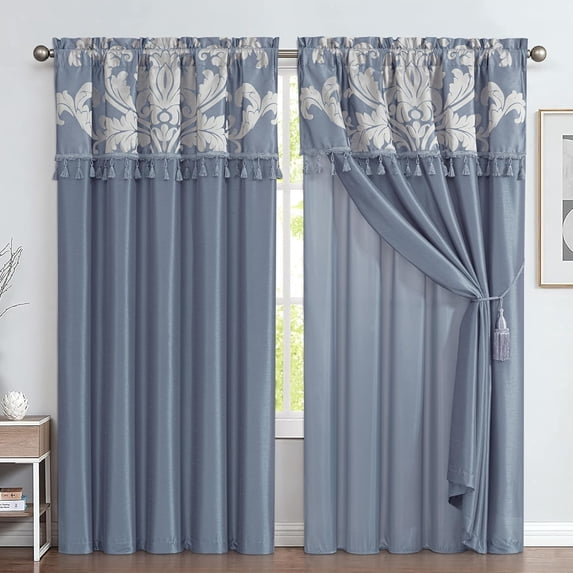 Chezmoi Collection Royal 4-Piece Jacquard Floral Window Curtain Set, Grayish Blue/Gray