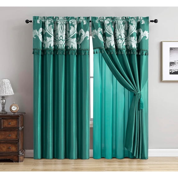Chezmoi Collection Royal 4-Piece Jacquard Floral Window Curtain Set, Green/Silver