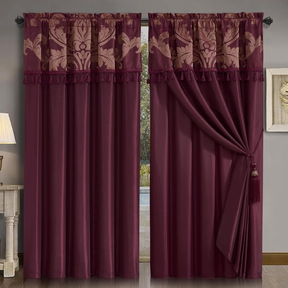 Chezmoi Collection Royal 4-Piece Jacquard Floral Window Curtain Set, Maroon/Gold