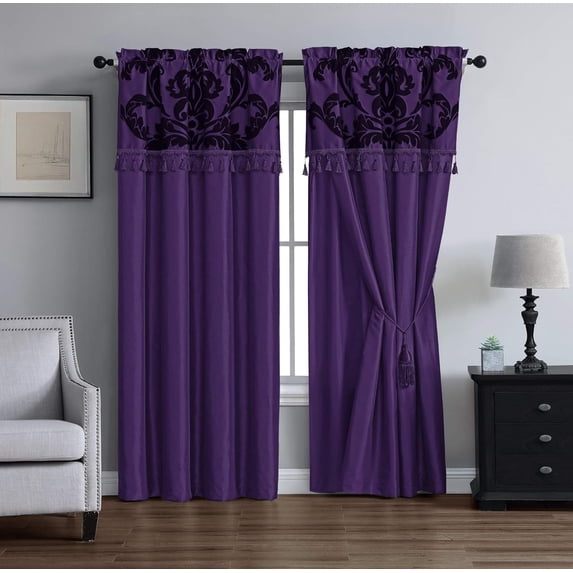 Chezmoi Collection Royal 4-Piece Jacquard Floral Window Curtain Set, Purple/Dark Purple