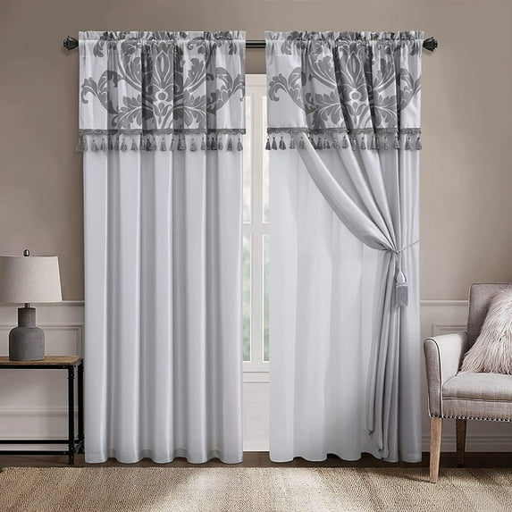 Chezmoi Collection Royal 4-Piece Jacquard Floral Window Curtain Set, Silver/Gray