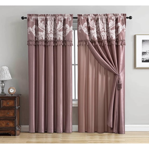 Chezmoi Collection Royal 4-Piece Jacquard Floral Window Curtain Set, Woodrose/Gray