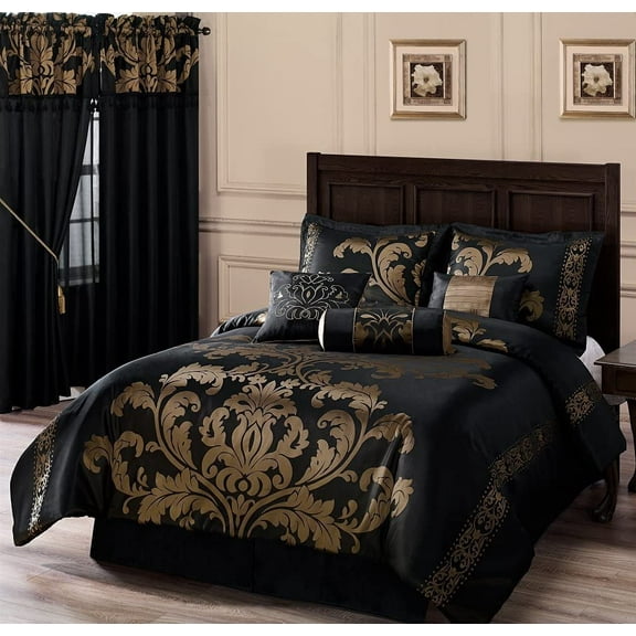 Chezmoi Collection Royal Luxury Jacquard Floral Comforter Set, California King, Black/Gold, 7-Piece