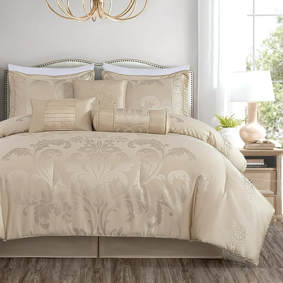 Chezmoi Collection Royal Luxury Jacquard Floral Comforter Set, California King, Champagne, 7-Piece