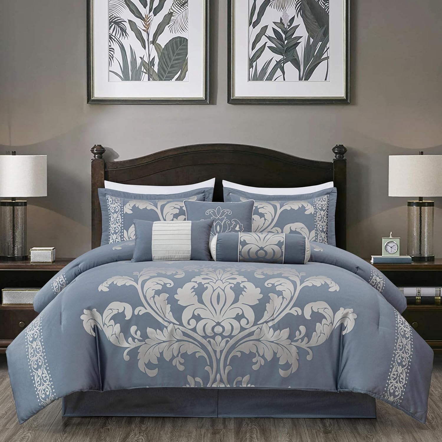California King Grayish Blue Jacquard Floral Comforter Set