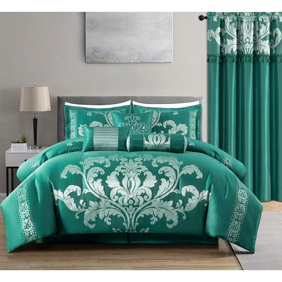Chezmoi Collection Royal Luxury Jacquard Floral Comforter Set, California King, Green/Silver, 7-Piece
