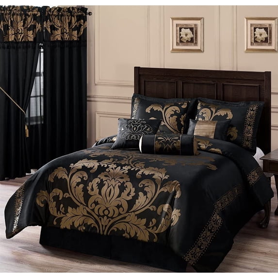Chezmoi Collection Royal Luxury Jacquard Floral Comforter Set, Full, Black/Gold, 7-Piece