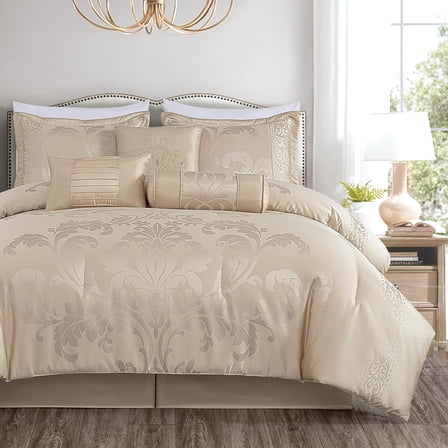 Chezmoi Collection Royal Luxury Jacquard Floral Comforter Set, Full, Champagne, 7-Piece