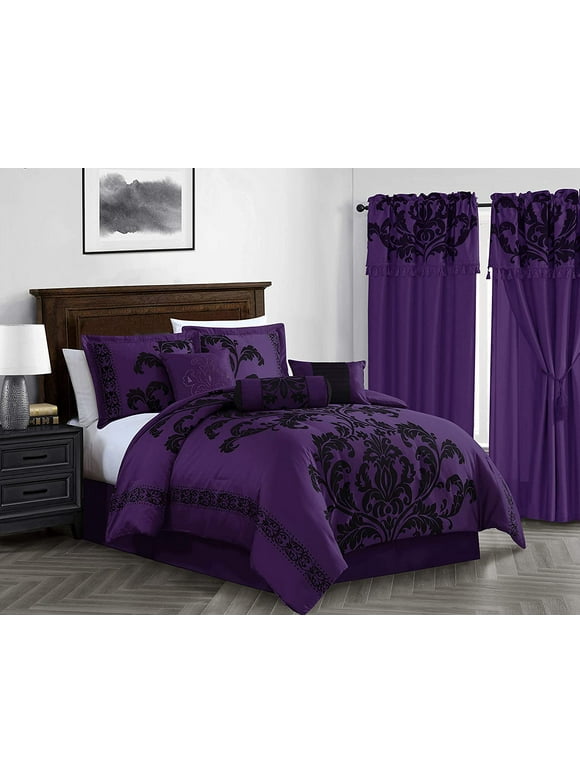 Chezmoi Collection Royal Luxury Jacquard Floral Comforter Set, Full, Purple, 7-Piece