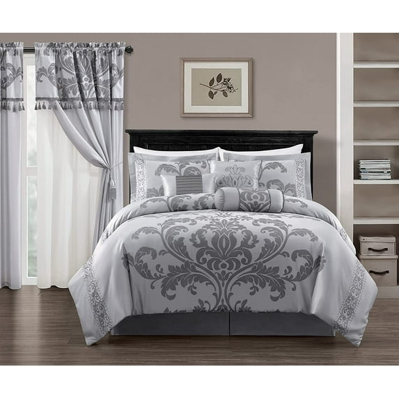 Chezmoi Collection Royal Luxury Jacquard Floral Comforter Set, King, Silver/Gray, 7-Piece