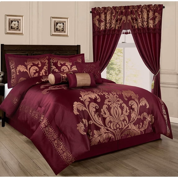 Chezmoi Collection Royal Luxury Jacquard Floral Comforter Set, Oversized King, Maroon/Gold, 7-Piece