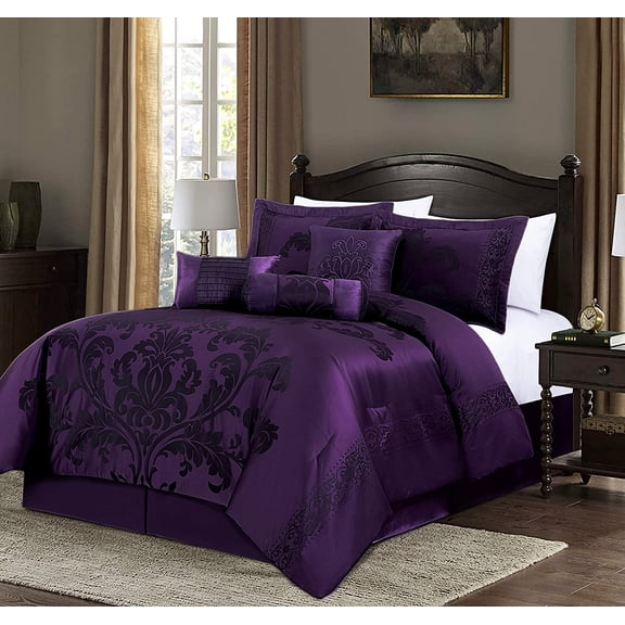 Chezmoi Collection Royal Luxury Jacquard Floral Comforter Set, Oversized King, Purple, 7-Piece