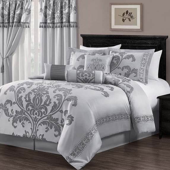 Chezmoi Collection Royal Luxury Jacquard Floral Comforter Set, Oversized King, Silver/Gray, 7-Piece