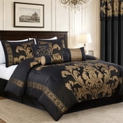 Chezmoi Collection Royal Luxury Jacquard Floral Comforter Set, Queen, Black/Gold, 7-Piece
