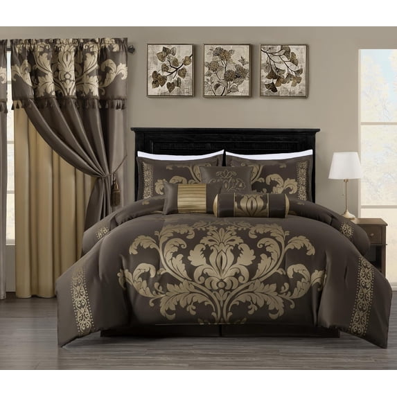 Chezmoi Collection Royal Luxury Jacquard Floral Comforter Set, Queen, Coffee/Gold, 7-Piece