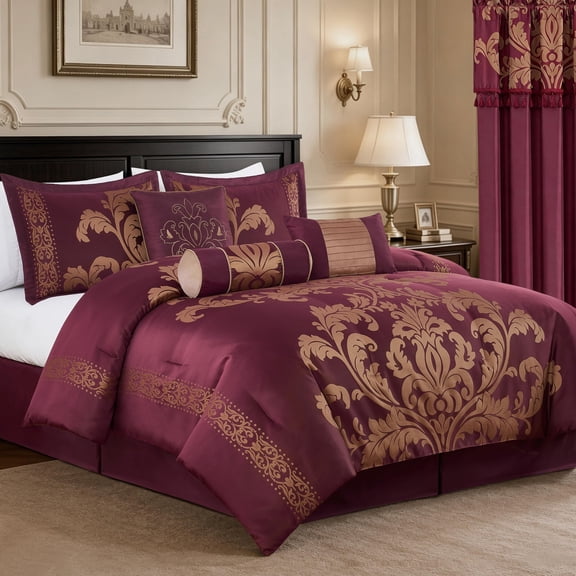 Chezmoi Collection Royal Luxury Jacquard Floral Comforter Set, Queen, Maroon/Gold, 7-Piece