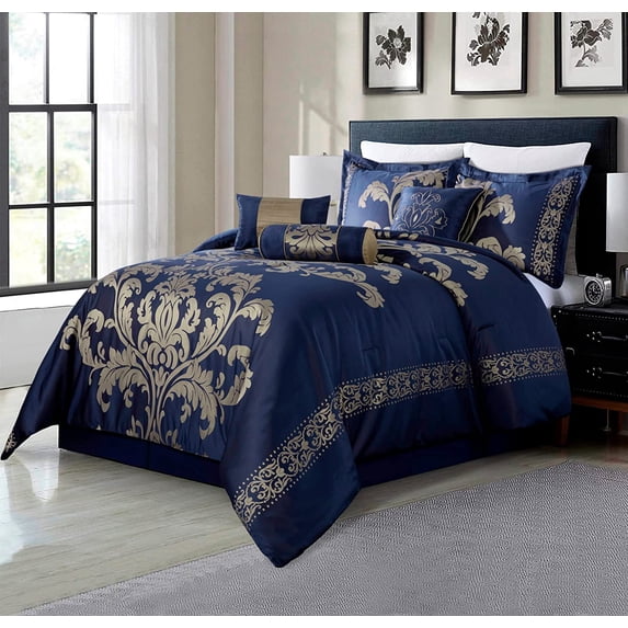 Chezmoi Collection Royal Luxury Jacquard Floral Comforter Set, Queen, Navy/Gold, 7-Piece
