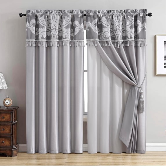 Chezmoi Collection Royal 4-Piece Jacquard Floral Window Curtain Set, Gray/Silver