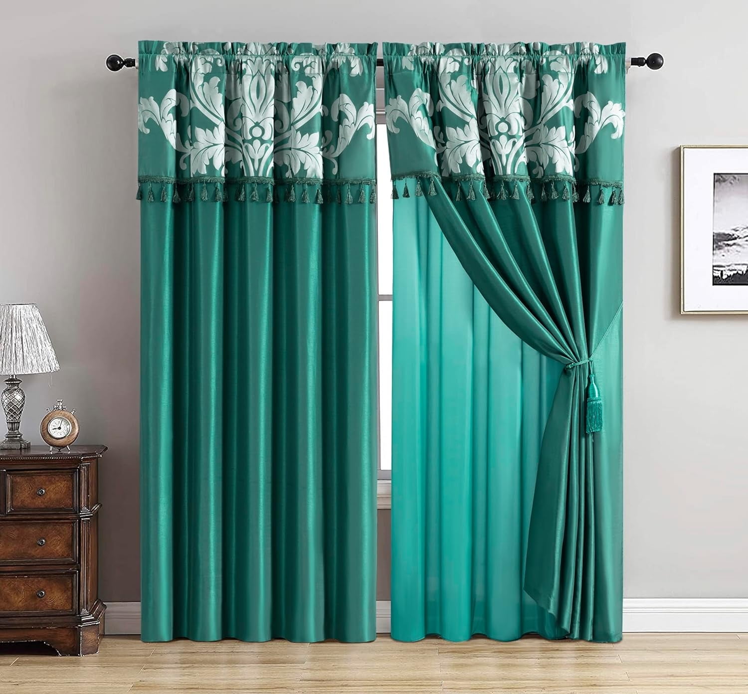 Elegant Green and Silver Jacquard Floral Room-Darkening Window Panel