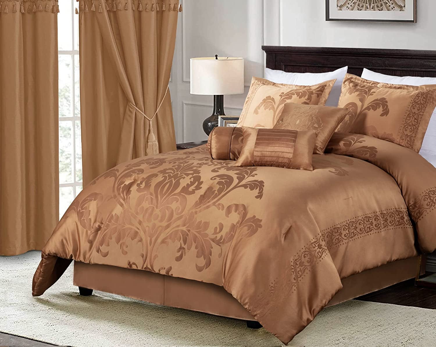Copper Jacquard Floral Queen Comforter Set with Decorative Pillows
