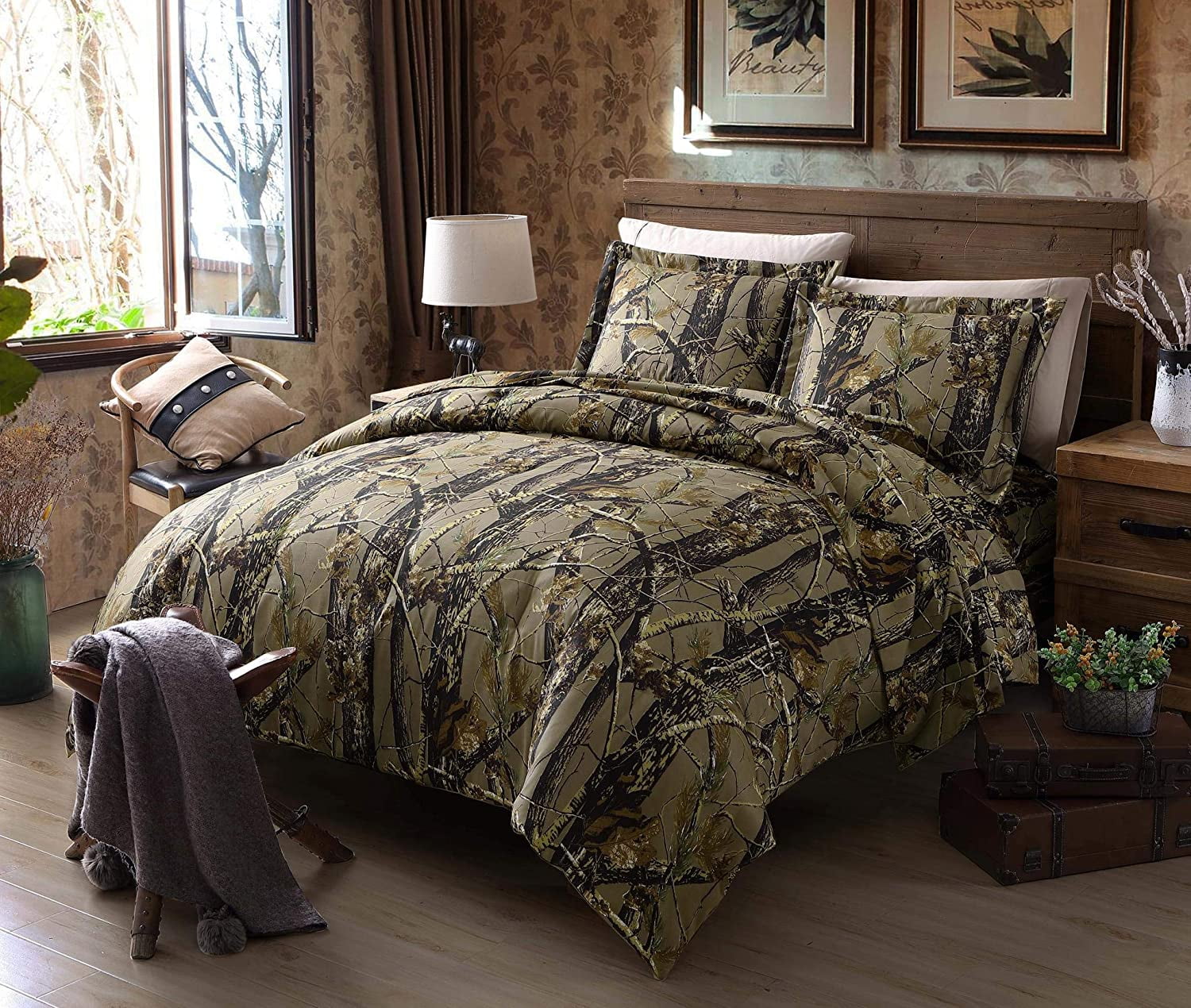Chezmoi Collection Salem 2-Piece Cabin Lodge Forest Woods Comforter Set, Nature Camo Tree Leaves Printed Soft Microfiber Bedding, Natural, Twin