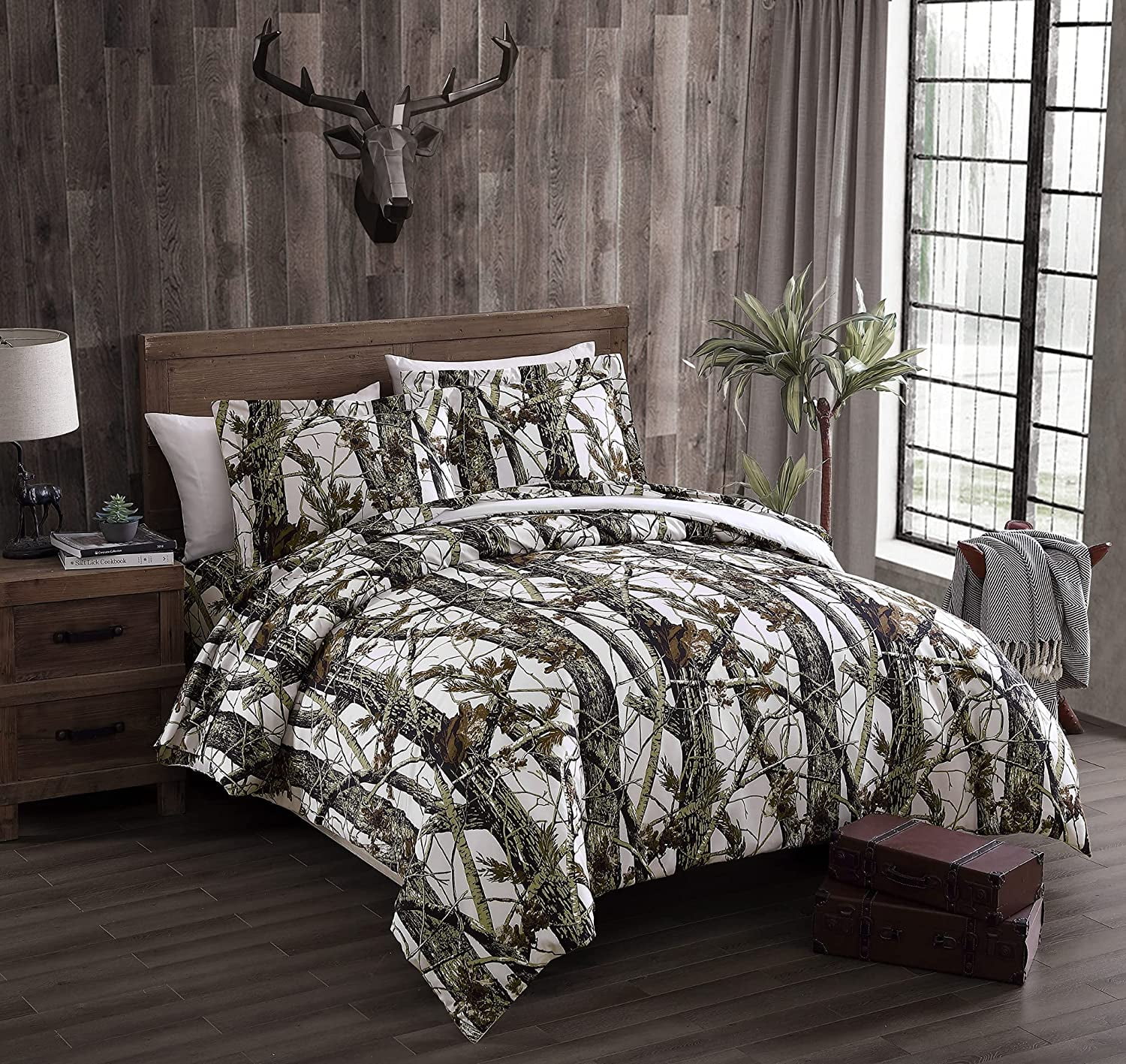 Chezmoi Collection Salem 2-Piece Cabin Lodge Forest Woods Comforter Set, Nature Camo Tree Leaves Printed Soft Microfiber Bedding, White, Twin