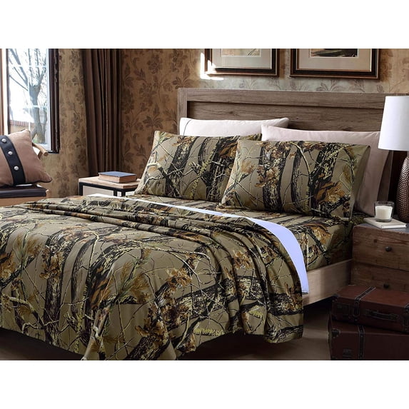 Chezmoi Collection Salem 4-Piece Forest Woods Camo Tree Sheet Set, Full, Natural