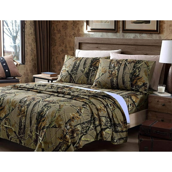 Chezmoi Collection Salem 4-Piece Forest Woods Camo Tree Sheet Set, Queen, Natural