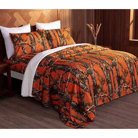 Chezmoi Collection Salem 4-Piece Forest Woods Camo Tree Sheet Set, Queen, Orange