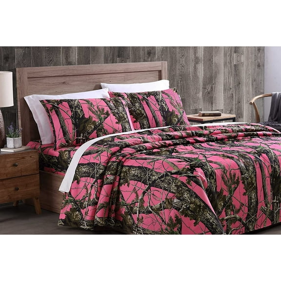 Chezmoi Collection Salem 4-Piece Forest Woods Camo Tree Sheet Set, Queen, Pink