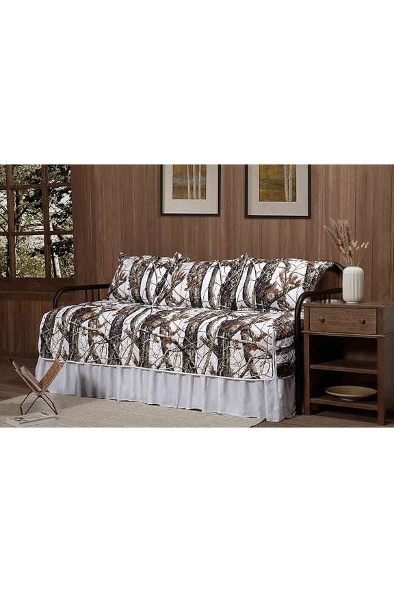 Chezmoi Collection Salem 5-Piece Cabin Lodge Forest Woods Pre-Washed Daybed Size Bedding Quilt Set - Nature Camo Daybed Coverlet Set - Tree Leaves Printed Soft Microfiber - White