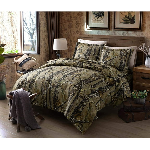 Chezmoi Collection Salem 3-Piece Cabin Lodge Forest Woods Comforter Set, Nature Camo Tree Leaves Printed Soft Microfiber Bedding, Natural, Full