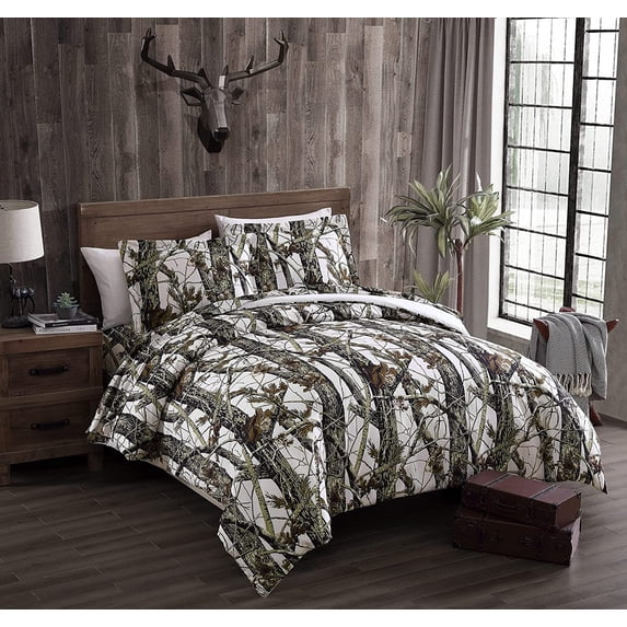 Chezmoi Collection Salem 3-Piece Cabin Lodge Forest Woods Comforter Set, Nature Camo Tree Leaves Printed Soft Microfiber Bedding, White, Queen