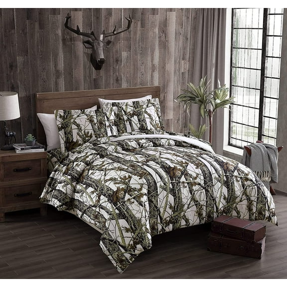 Chezmoi Collection Salem 3-Piece Cabin Lodge Forest Woods Comforter Set, Nature Camo Tree Leaves Printed Soft Microfiber Bedding, White, Queen