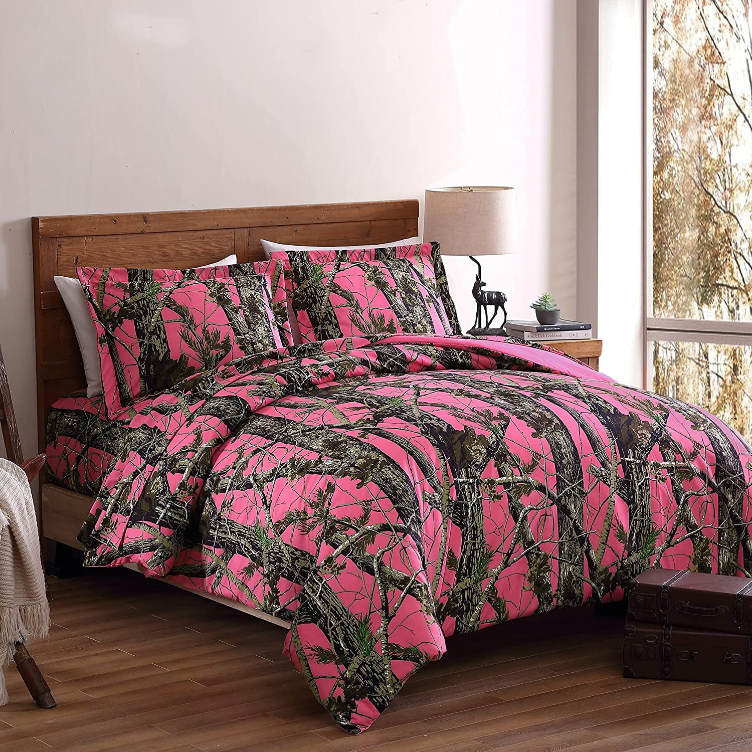 Chezmoi Collection Salem 2-Piece Cabin Lodge Forest Woods Comforter Set, Nature Camo Tree Leaves Printed Soft Microfiber Bedding, Pink, Twin