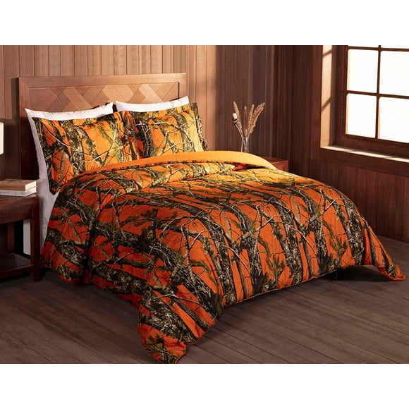 Chezmoi Collection Salem 3-Piece Cabin Lodge Forest Woods Comforter Set, Nature Camo Tree Leaves Printed Soft Microfiber Bedding, Orange, King
